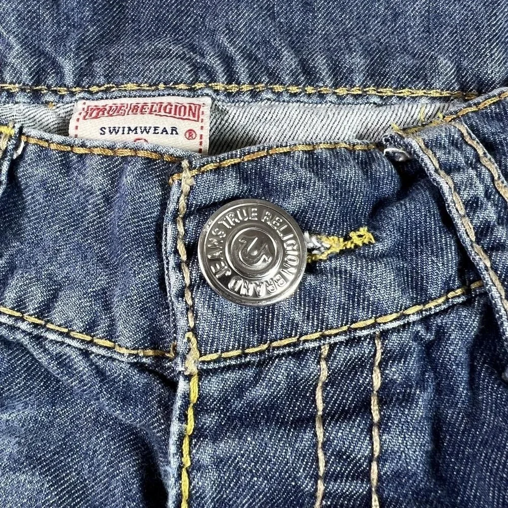 True Religion Bermuda Short Men's 30 Blue Cotton Denim Frayed-Hem Faded Workwear